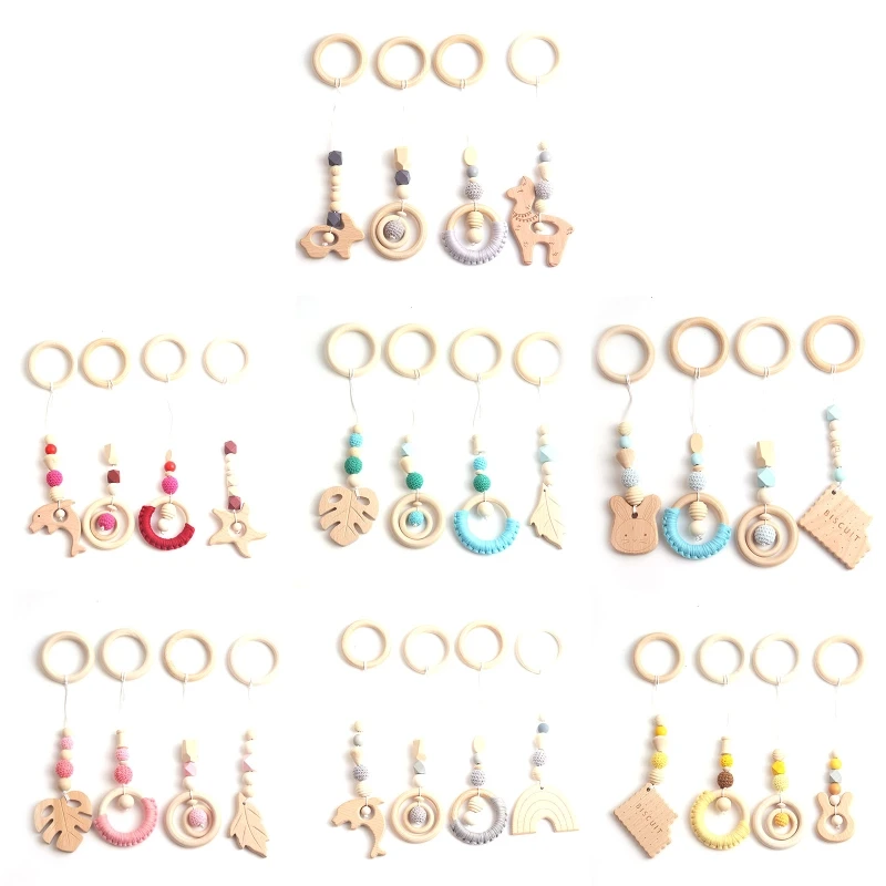 

4 Pcs/Set Baby Gym Frame Pendants Stroller Rattle Wooden Ring Beads Teether Toys QX2D