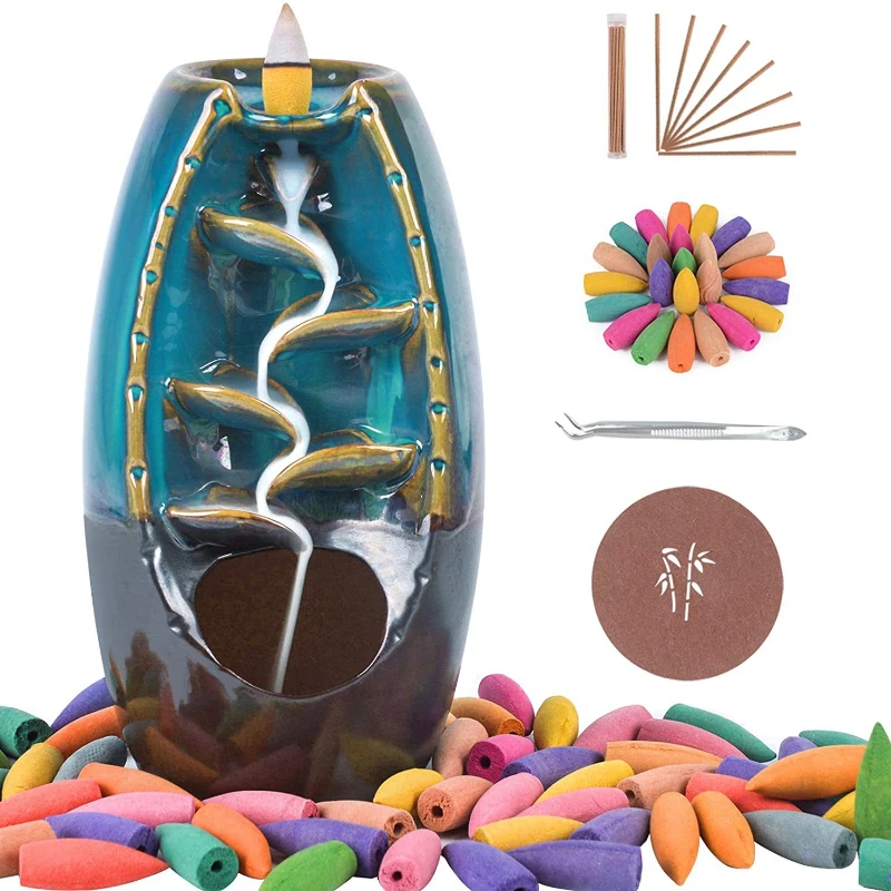 

Ceramic Backflow Incense Holder Incense Burner Waterfall 120 Incense Cones 30 Incense Stick Aromatherapy Ornament Home Decor