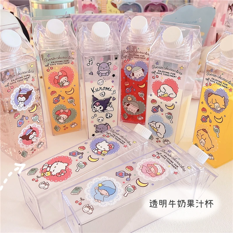 

Kawaii My Melody Cinnamoroll Kuromi Milk Carton Cup Anime Sanrioed Transparent Large Capacity Portable Juice Box for Girls