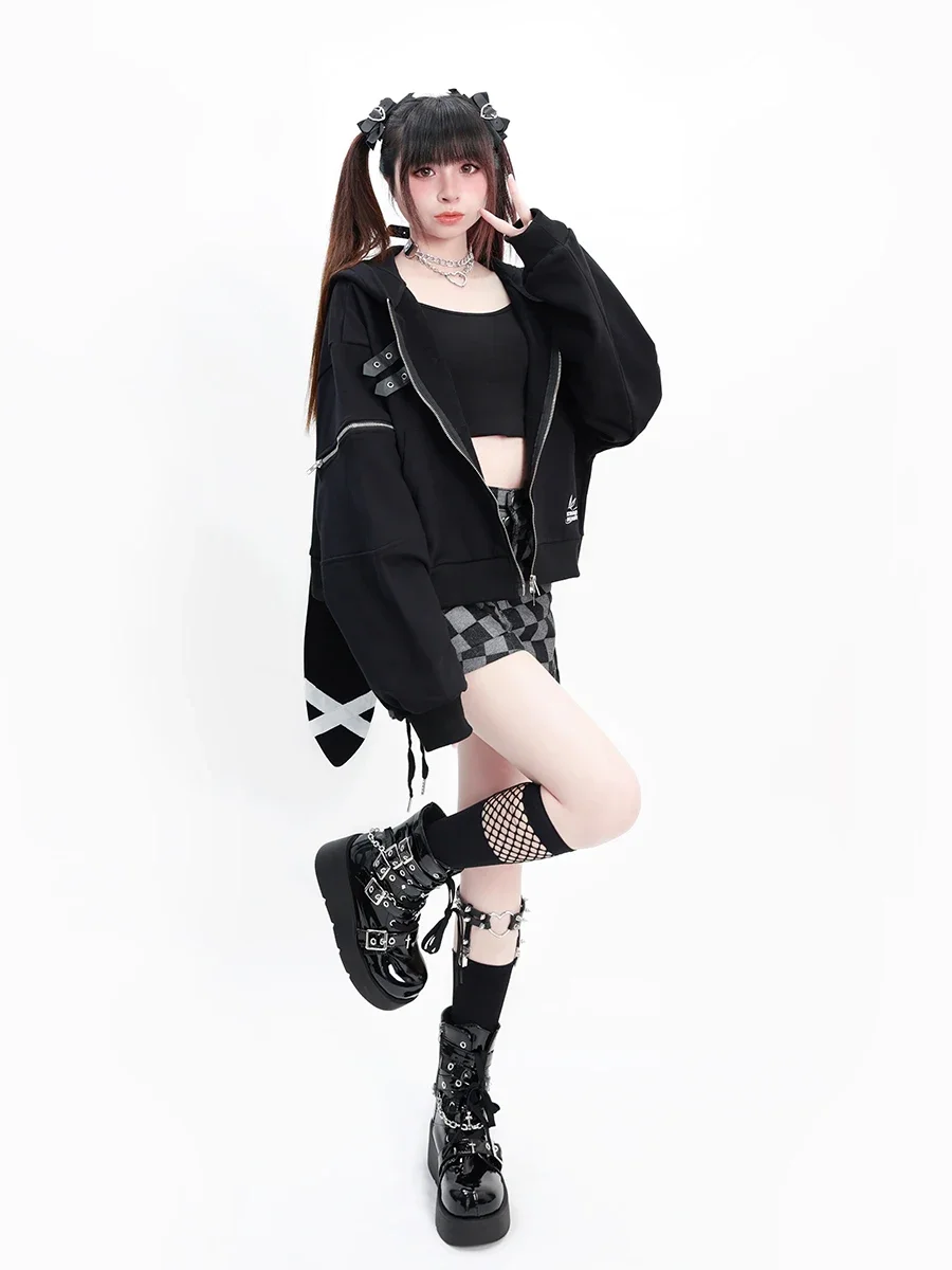 Худи женское в стиле Харадзюку худи с капюшоном панк и готика черное кроличьими