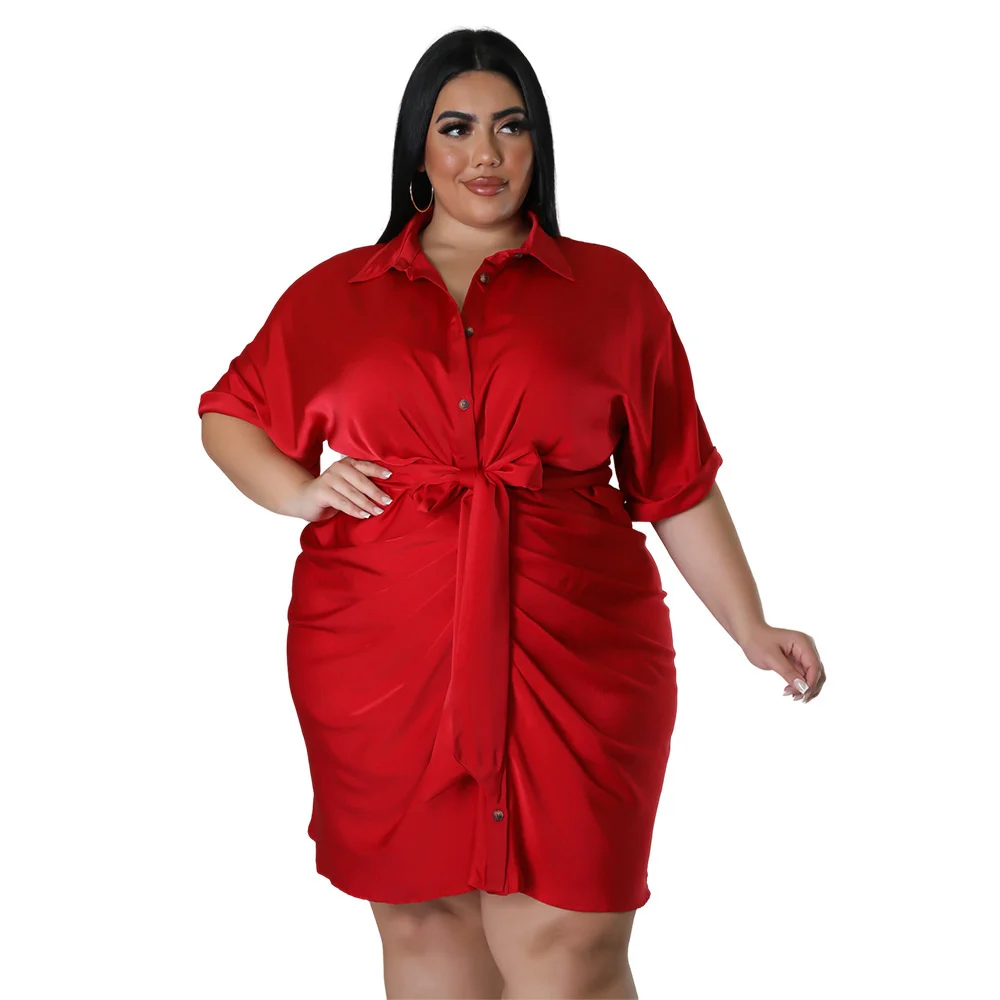 Casual Dress Plus Size Women Clothing Summer Short-sleeved Solid Color Dresses Fashion Large Size Female Street Wear Shirt Dress