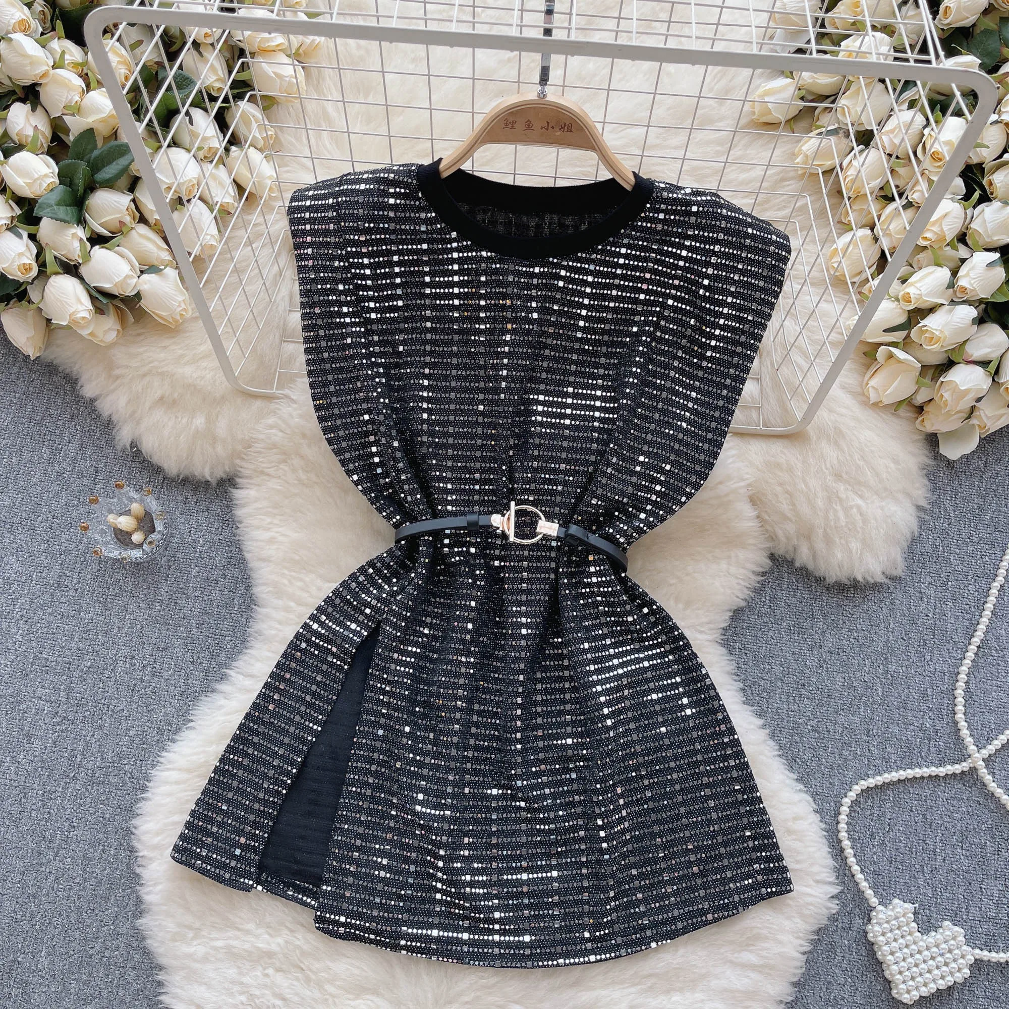 

Sleeveless Diamond Beading Women's Clothing Summer New Design Sequin Split Slim Night Club Streetwear Fashion Round Neck Shirt