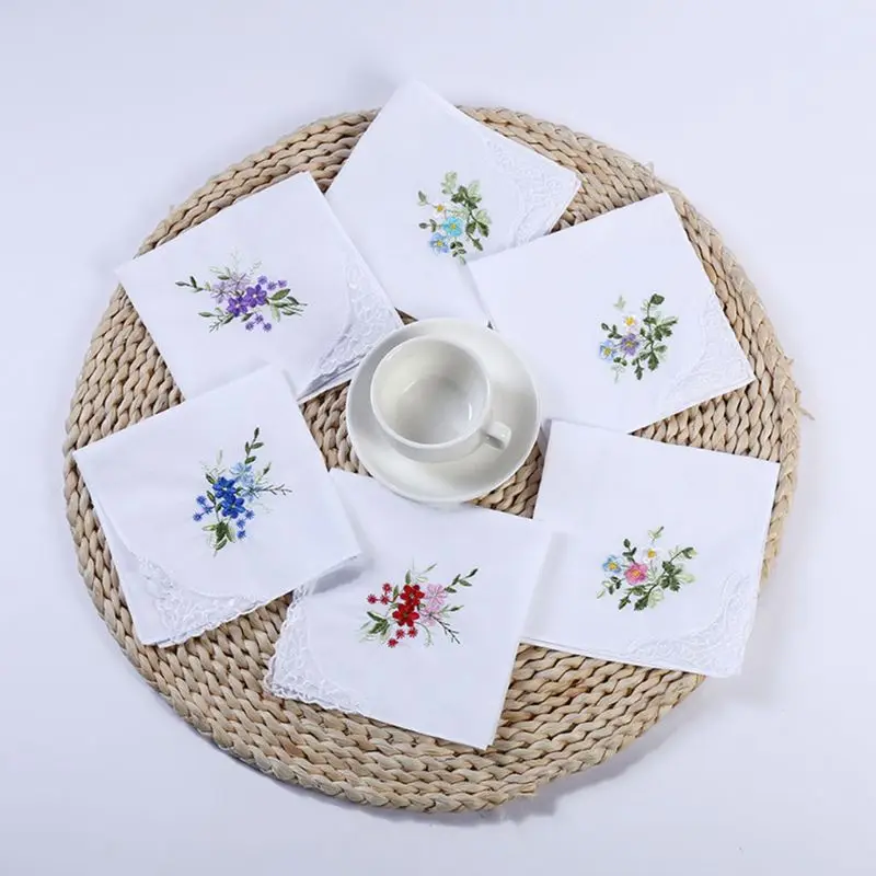 

5Pcs/Set 11x11 Inch Womens Cotton Square Handkerchiefs Floral Embroidered with for Butterfly Lace Corner Pastoral Style Pocket