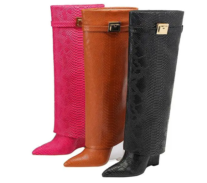 

Moraima Snc Autumn Pointed Toe Women Boots Snake Skin Leather Knee High Shoes Height Increasing Buckle Strap Boots