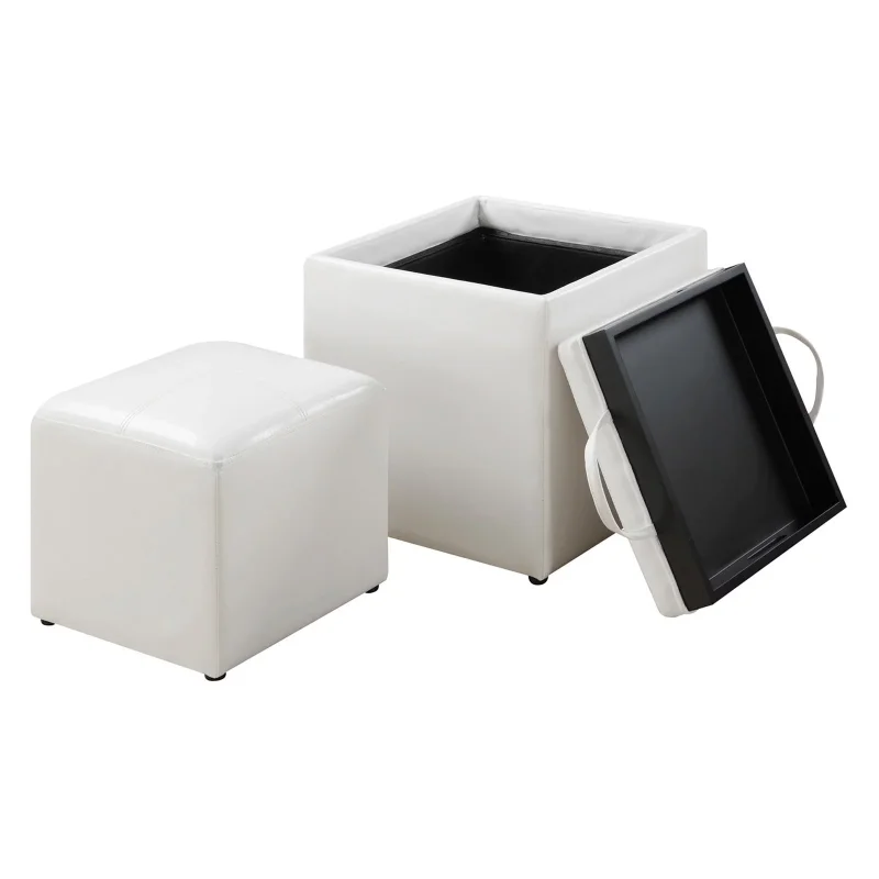 

Designs4Comfort Park Avenue Single Ottoman with Stool and Reversible Tray, Ivory Faux Leather