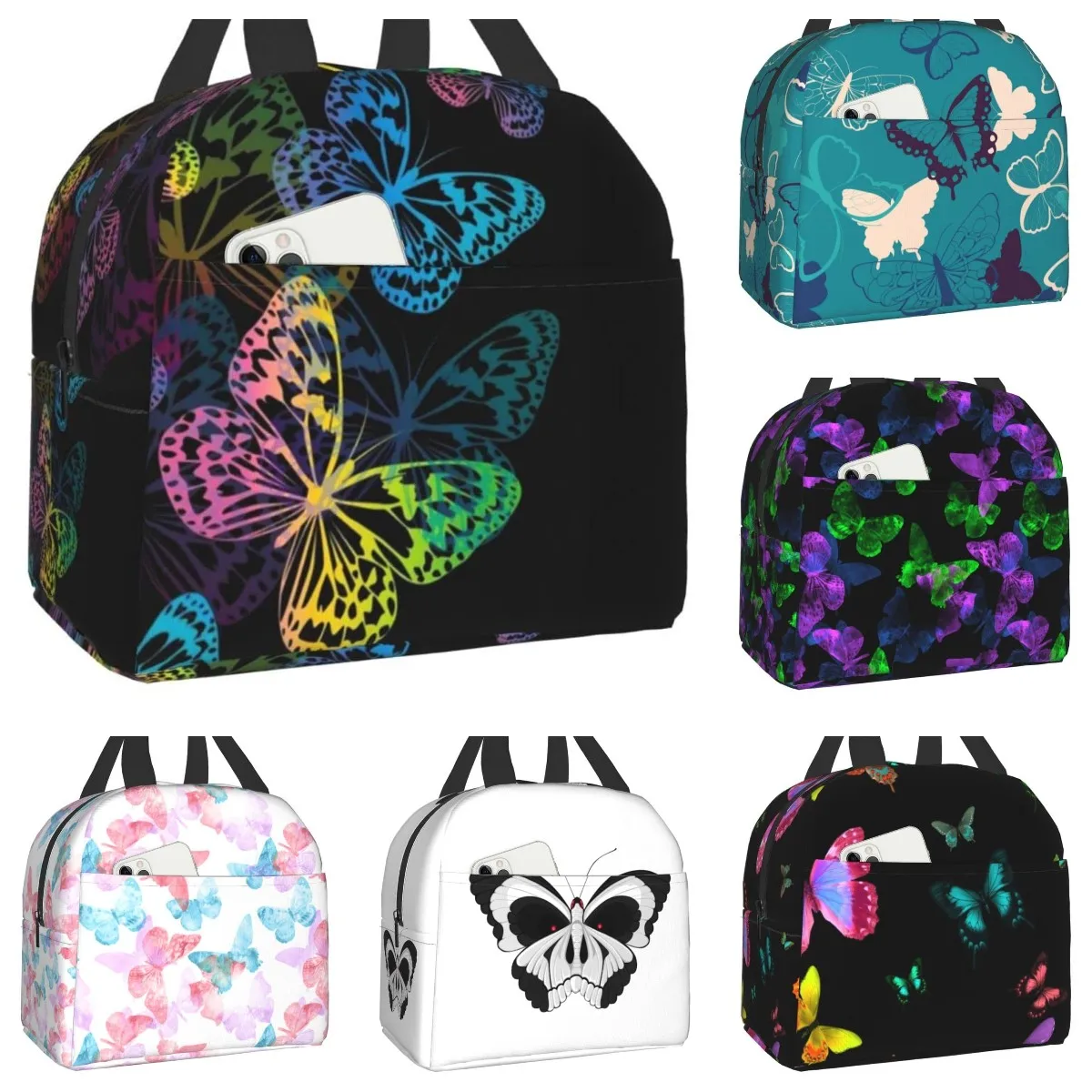 

Lunch Bag with Containers Colorful Butterfly Insulated Lunch Box Freezable Cooler Thermal Waterproof Tote Bag for Women Men