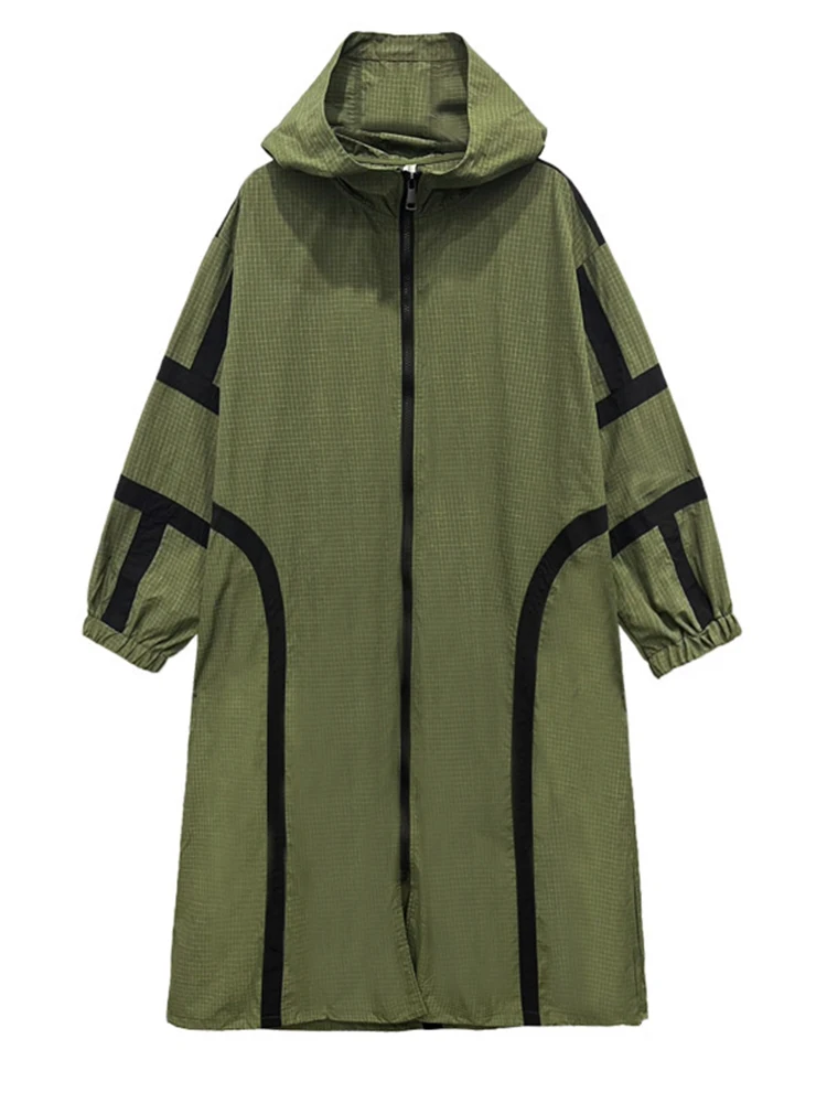 ] damska zieleń wojskowa duży rozmiar trencz nowa wiatrówka z kapturem i długim rękawem na zamek moda fala wiosna jesień 2024 1DH5163
