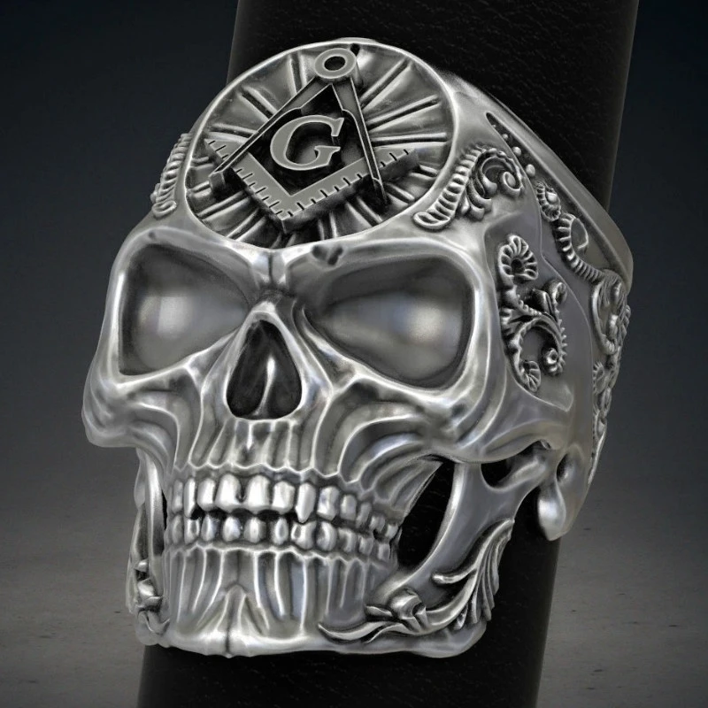 

New Fashion Men's Skull Freemason Ag Ring Gothic Trend Hip-Hop Party Personality Domineering All-Match Jewelry Accessories Gift