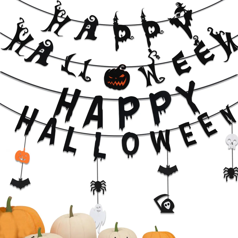 

Happy Halloween Banner Garland Spider Skull Garland Hanging Paper Bunting Flag For Halloween Ghost Party Decoration Horror Props