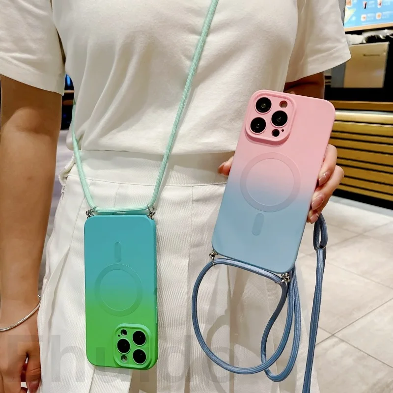 

Magnetic Case For iPhone 14 Plus 11 12 13 Pro Max Magsafe Shockproof Gradient Color Camera Protect Crossbody Lanyard Strap Cover