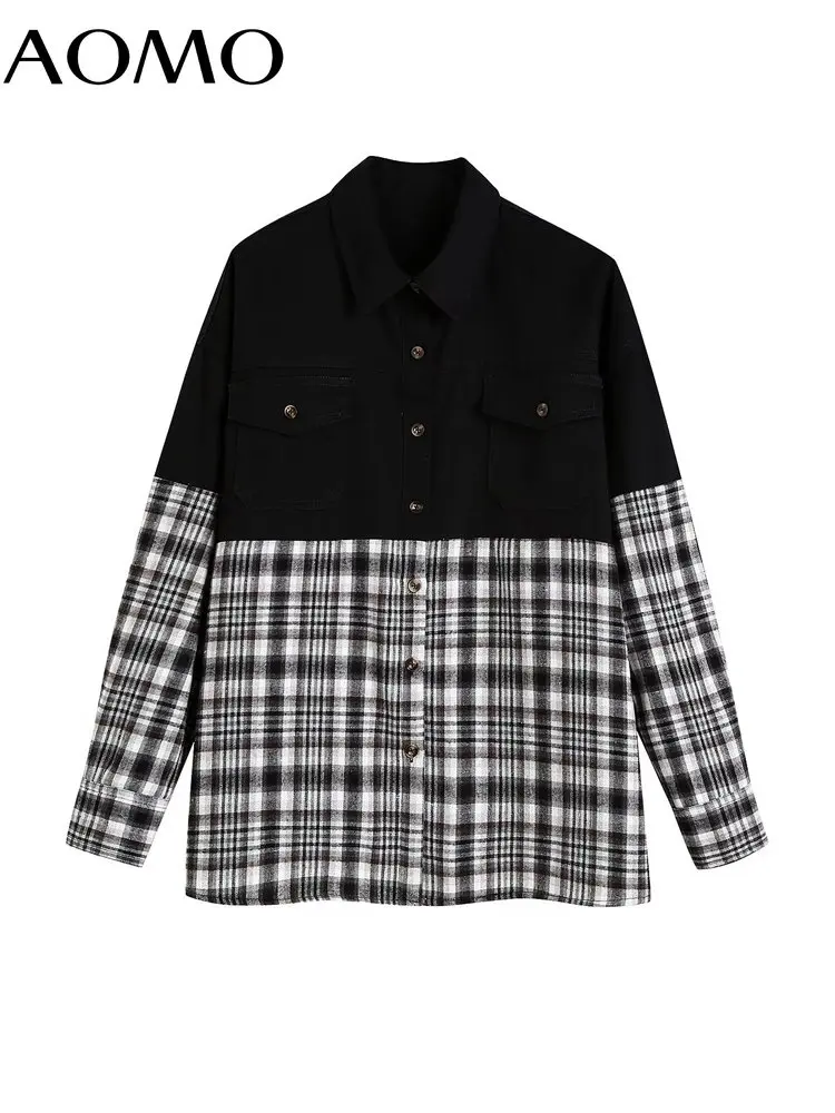 

AOMO Women 2022 Oversized Patchwork Coat Vintage Turn Down Collar Long Sleeve Female Outerwear CE52A