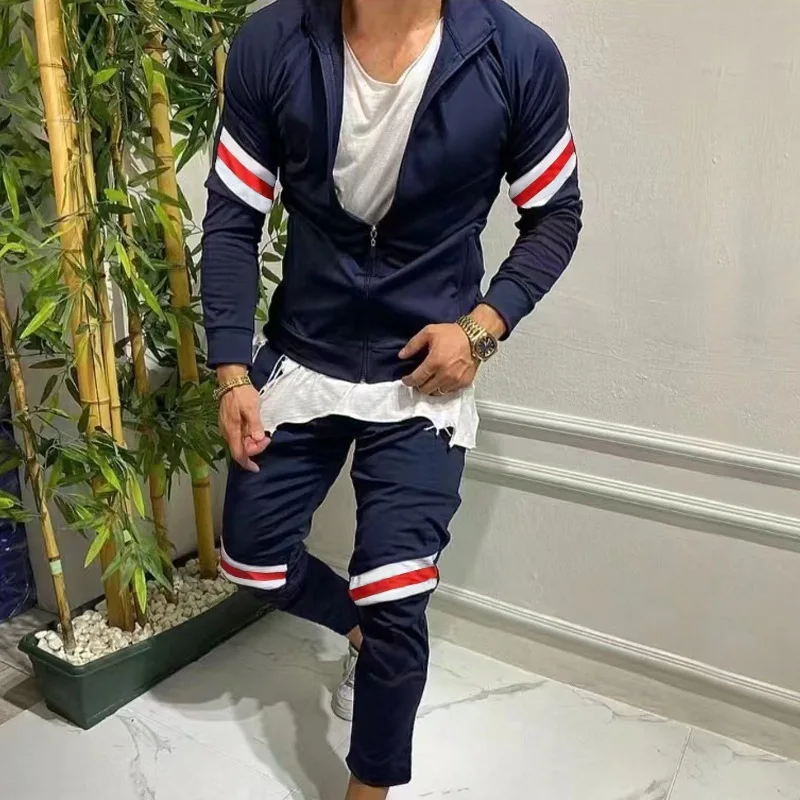 2023 New Spring Men's Slim Exercise Long Sleeve Cardigan Sweater Color Matching Fashion Casual Pants Personality Tide Set M-3XL