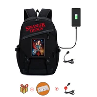 usb travel women backpack stranger things canvas computer bag hellfire club letters student schoolbag teenagers girls backpack