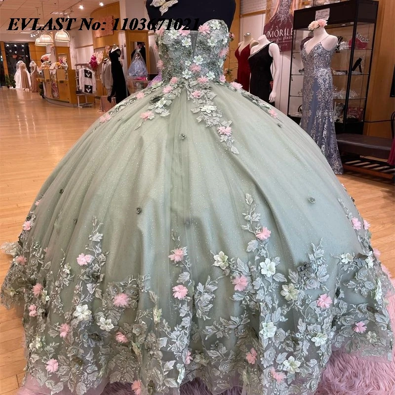 EVLAST блестящее мятно-зеленое платье Quinceanera бальное розовое 3D Цветы аппликация