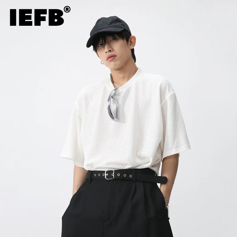 

Мужская футболка с коротким рукавом IEFB, однотонная Повседневная Сетчатая футболка с вырезами, модель 9A7538, лето