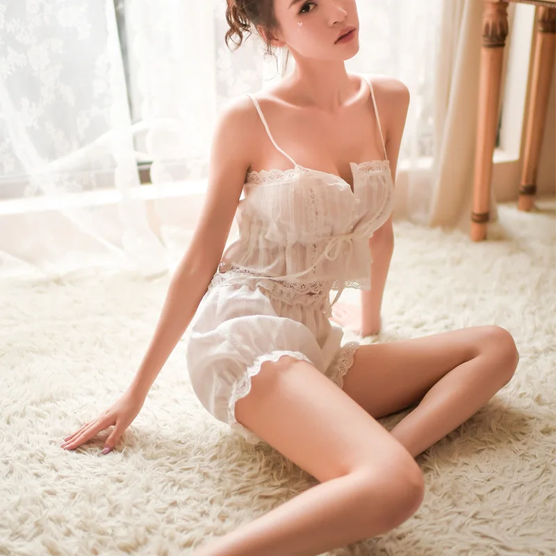 

Sexy Sleepwear Erotic Cotton Pajamas Set for Women Two-Piece Suit White Pyjamas Soft Shirts Shorts Underwear Lace Lingerie New