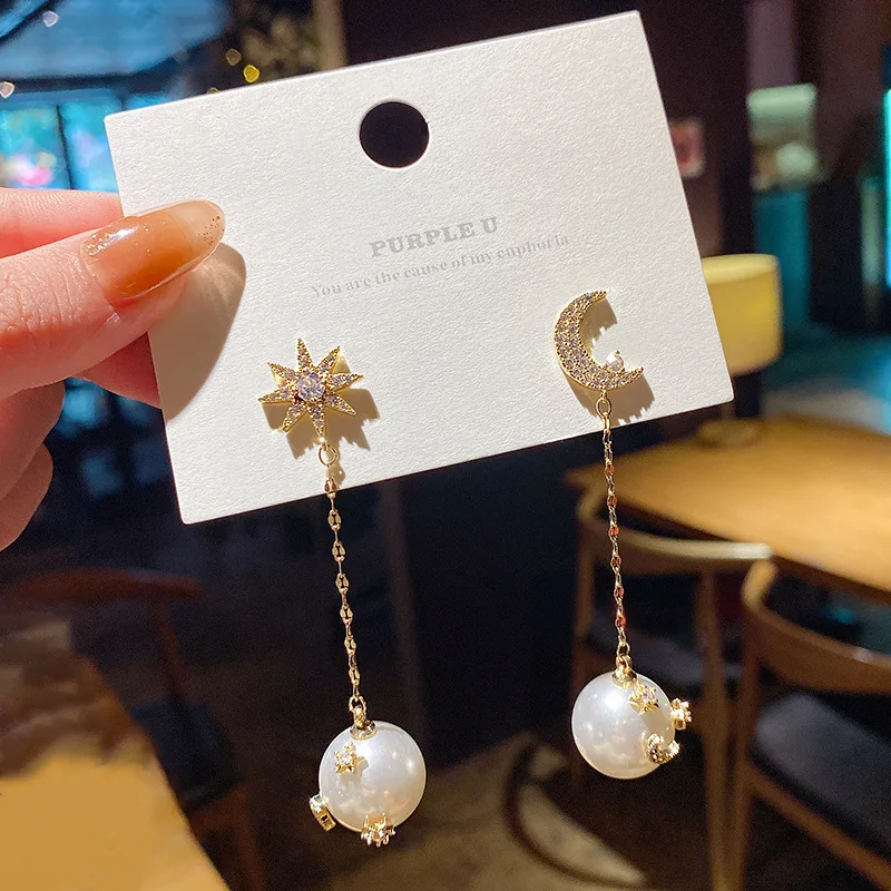 

Wholesale Sterling Silvers Pin Asymmetric Star Moon Long Earrings Women Pearl Studs Earrings Jewelry Gift