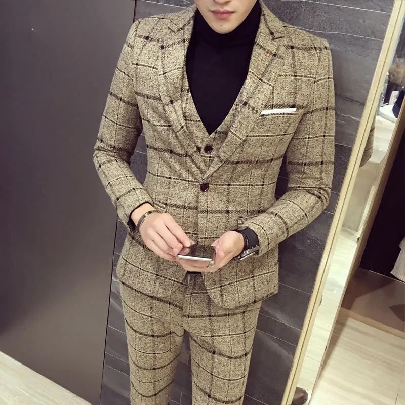 2022 Autumn New, Fashion Gentleman Men's Suit Plaid Leisure Blazers Sets England Simple Groom 3 Piece （Jacket + Pants+ Vest ）