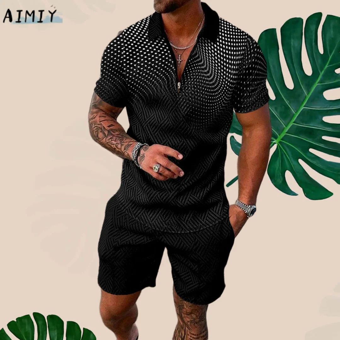 Men's Polo Suit Summer New Fashion Men Sets Printed Short Sleeve Zipper Polo Shirt&Shorts Set for Men Casual Streetwear 2-piece