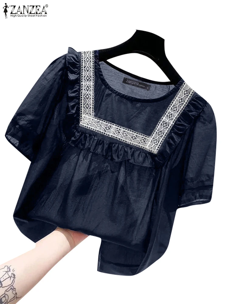 Летняя Блузка ZANZEA элегантная кружевная рубашка в стиле пэчворк женские