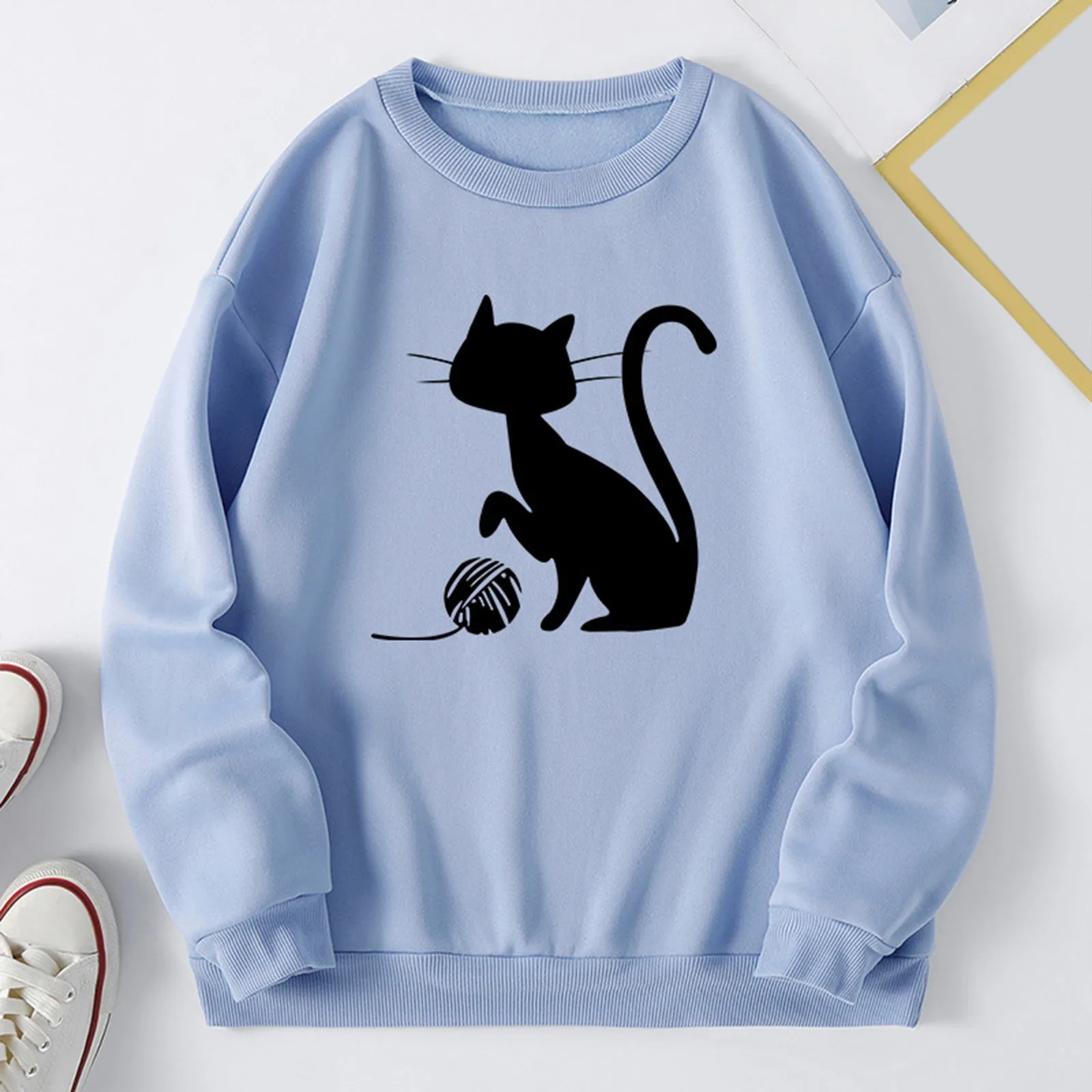 

Cute Sweatshirts Women Womens Autumn Winter Round Neck Cat Print Fleece Loose Fit Sweater Womens Workout Pullover Top