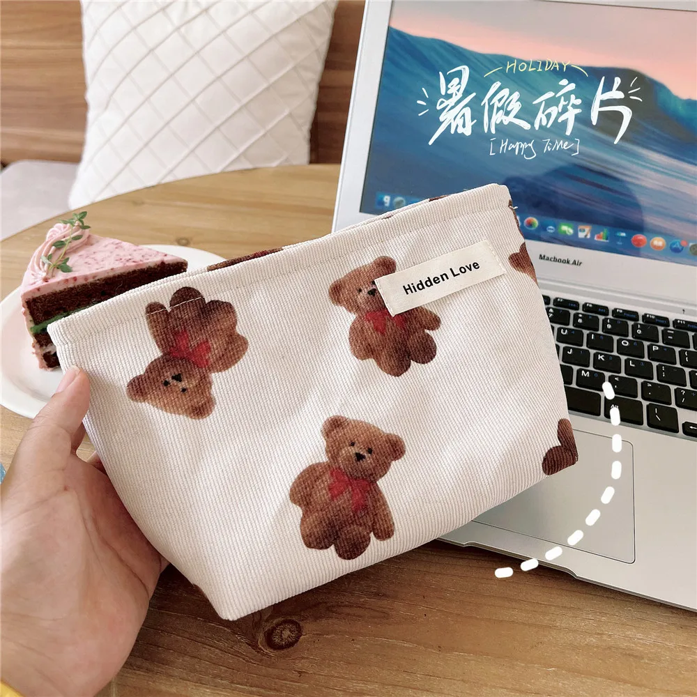 

Cute Teddy Bear Cosmetic Bags Portable Women Females Travel Makeup Storage Pouch Large Capacity Corduroy Make Up Organizer