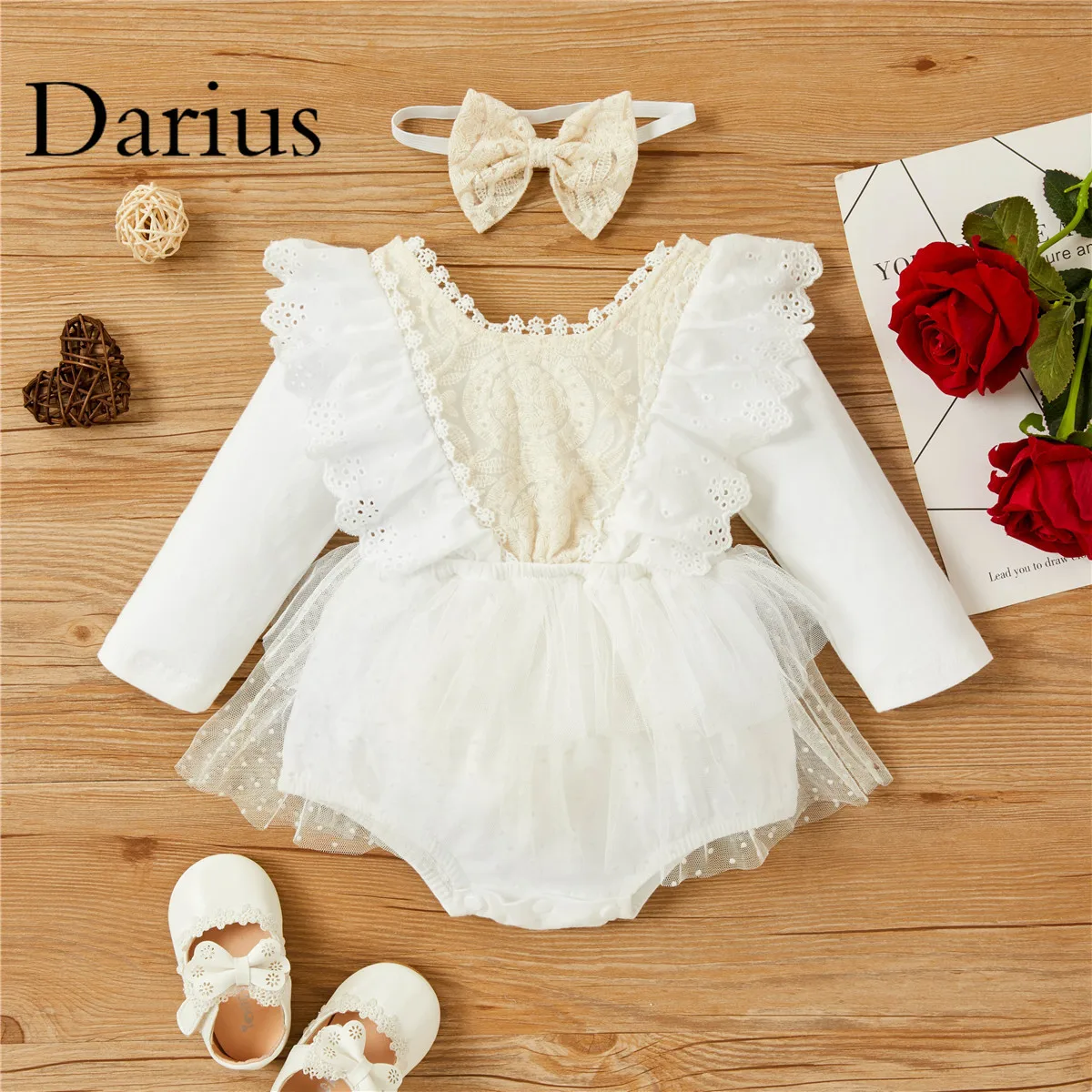 

Full Sleeve Lace Flutter Solid Infant Baby Girls Romper + Headband