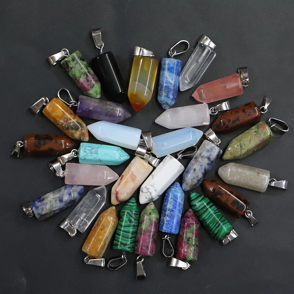 

Free Shipping Natural Stone Crystal Agate Bullet Head Hexagon Pillar Necklace Pendant DIY Simple Jewelry Making Wholesale 24Pcs