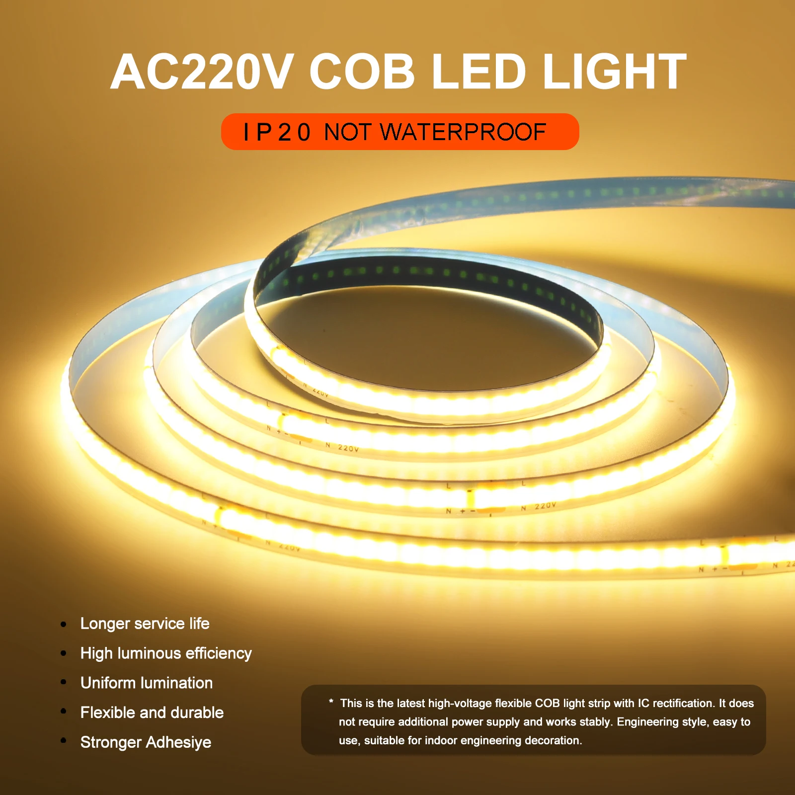 AC220V COB Strip Light 240LEDs/m 8mm PCB Adhesive 3000K 4000K 6000K High Density Linear Lighting Bar For Home Decor