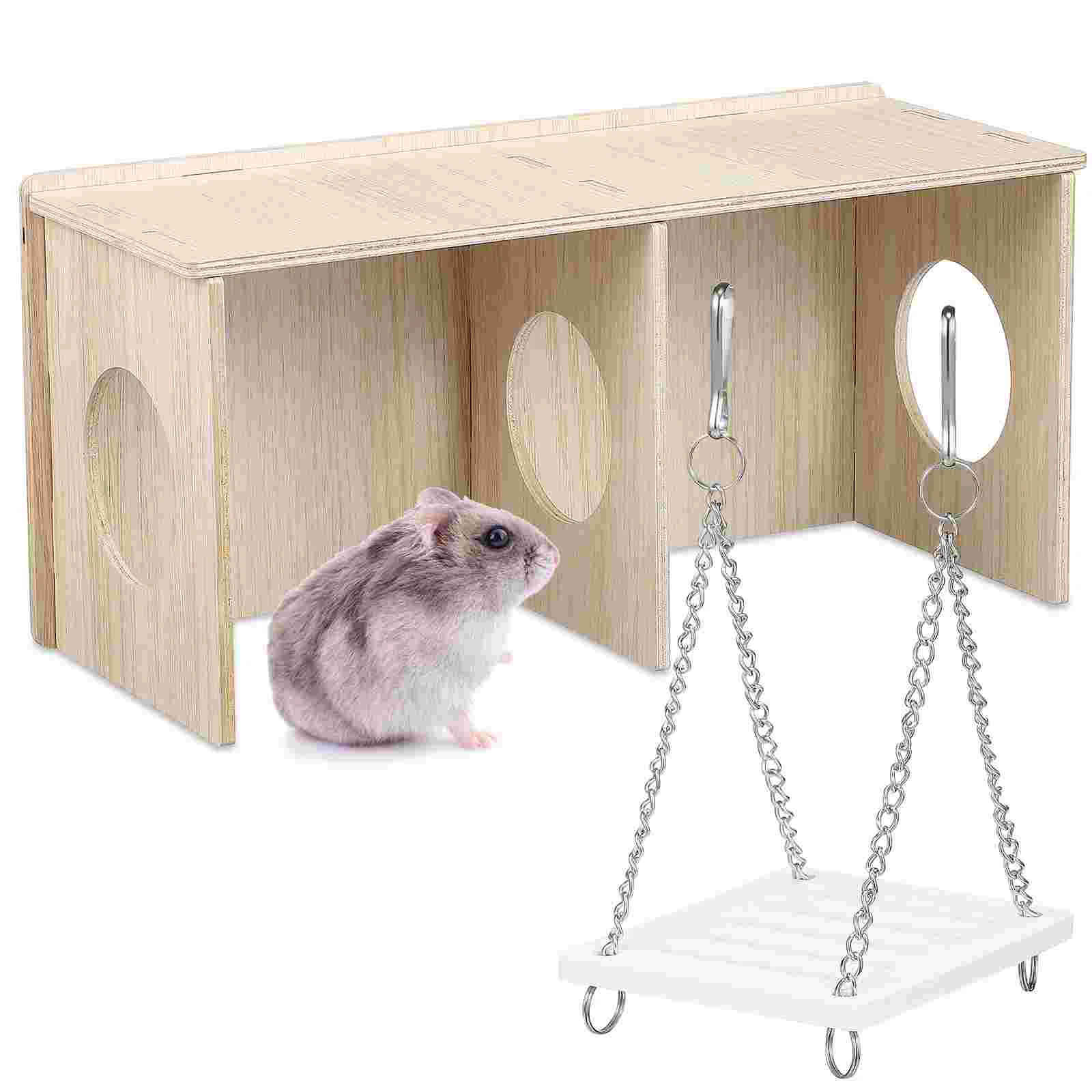

Hamster Wood House Large Space Small Animals Hideaway Habitat Chamber Nest with Swing Toy for Rat Squirrel Chinchilla