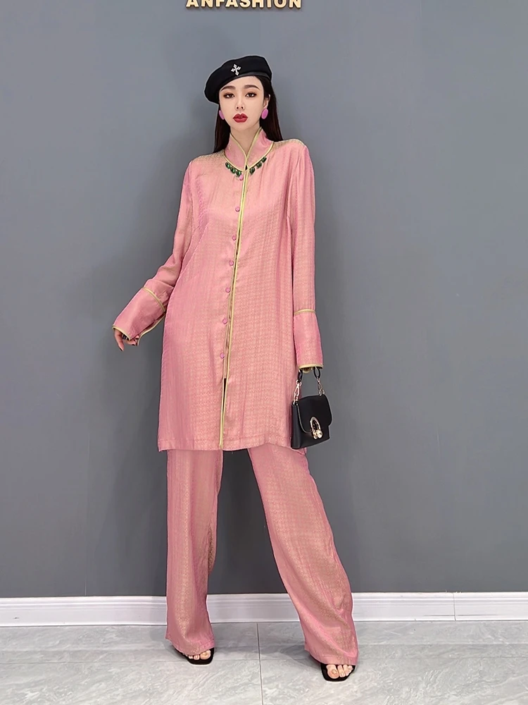 

SuperAen 2022 Spring New Fashion Solid Suit Casual Stand Collar Loose Shirt Cotton and Linen Trousers Two Pieces Set