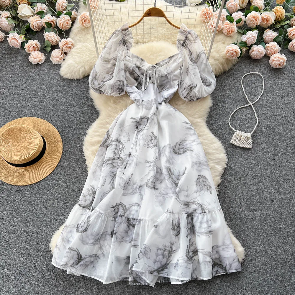 

Summer Ethnic French Print Square Neck Dress Women Fashion Short Sleeve Elegant Clothes Vestidos Para Fiesta De Día Y Noche H778