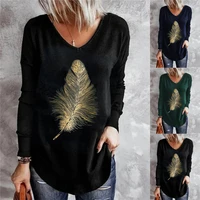 women long sleeve v neck cotton tshirts fashion 3d feather printed t shirt spring all match tops lady casual loose irregular top
