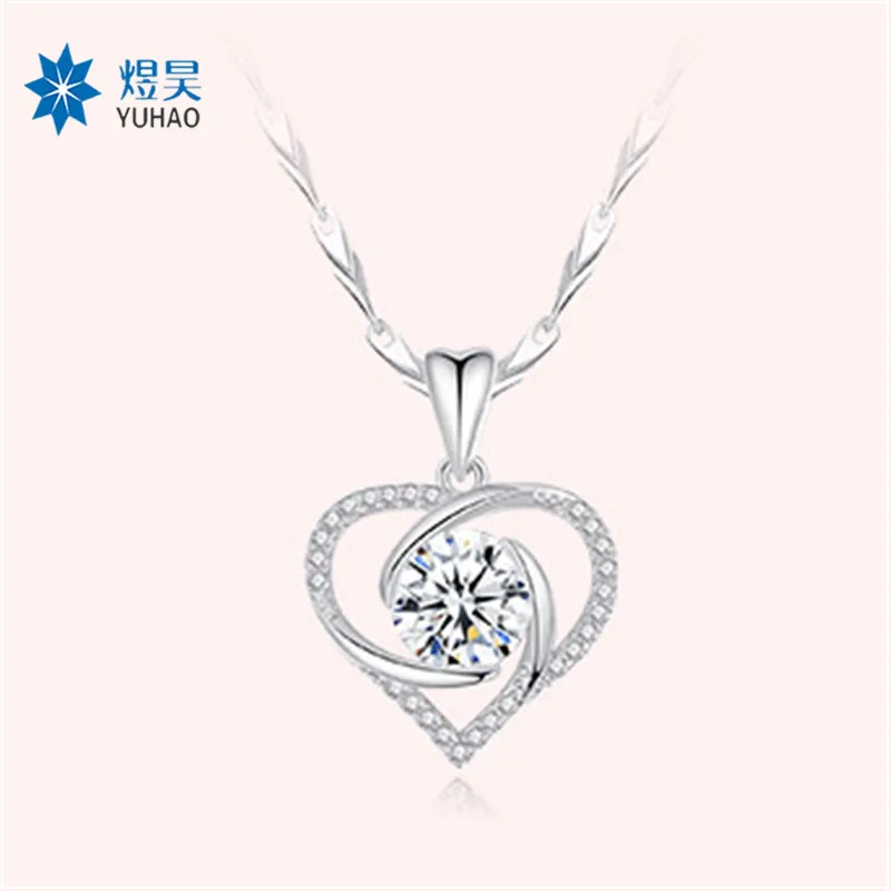 

999 Pure Silver Heart Shape with Diamond Pendant Heart-Shaped Collarbone Necklace Necklace Simple Stylish Elegant Necklace