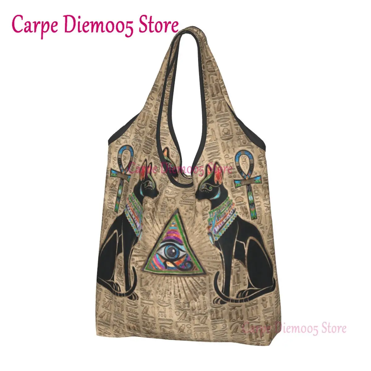 

Reusable Egyptian Cats And Eye Of Horus Shopping Bag Women Tote Bag Portable Ancient Egypt Groceries Shopper Bags