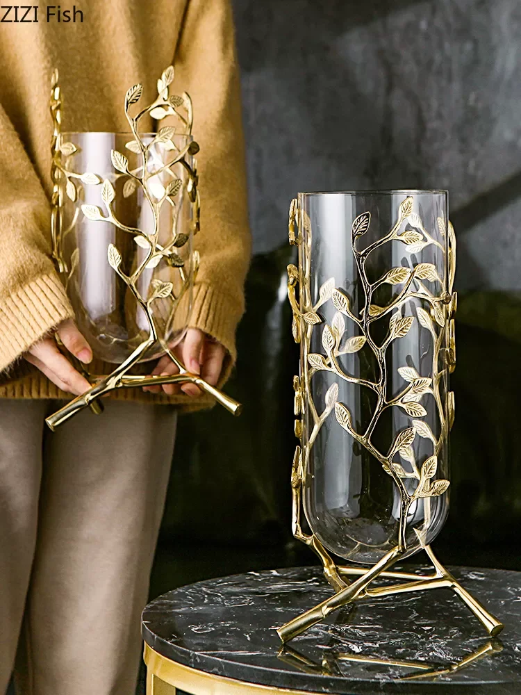 

NEW2023 Glass Metal Vase Golden Hollow Out Leaves Branch Handmade Transparent Arrangement Modern Home Decoration Vase
