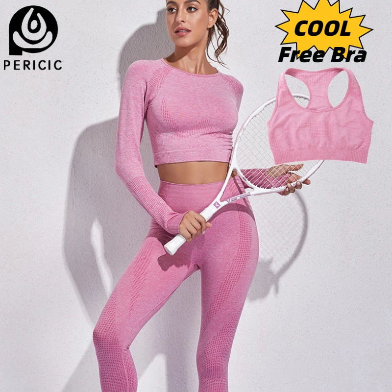 

Pericic 3pcs Women Seamless Yoga Set Fitness Long Sleeve Shirts High Waist Running GYM Leggings Workout Clothing Sports Suits