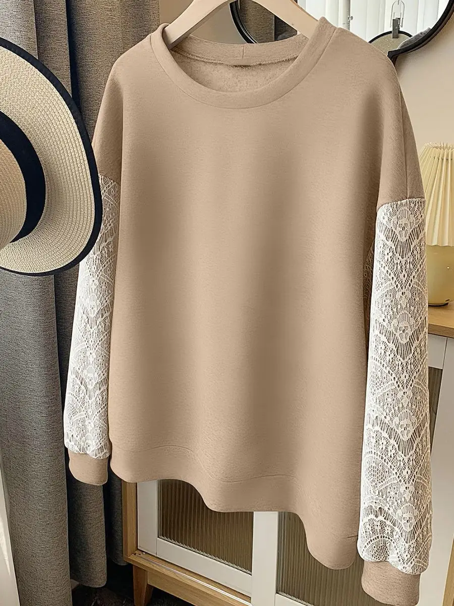 

EARO Lace Sleeve Pullovers Plus Size 4XL Woman 2022 Autumn Patchwork Black Sweatshirts Vintage Elegant Solid Oversized Clothing