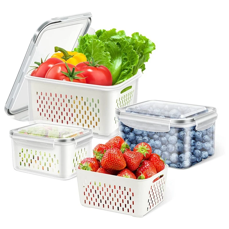 

Контейнеры для свежих продуктов для холодильника, 3 штуки овощей, контейнеры для хранения фруктов с дренажными корзинами, штабелируемые