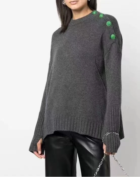 

ZV new round neck shoulder belt green button temperament commuter cashmere sweater