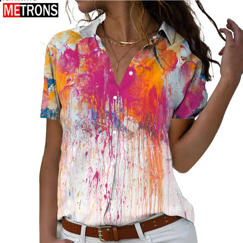 

New Pastoral Harajuku Slim Fit 3D Print Women's Button Long Sleeve Polo Top Flower Feather Casual Cute Shirt Plus Size 2023