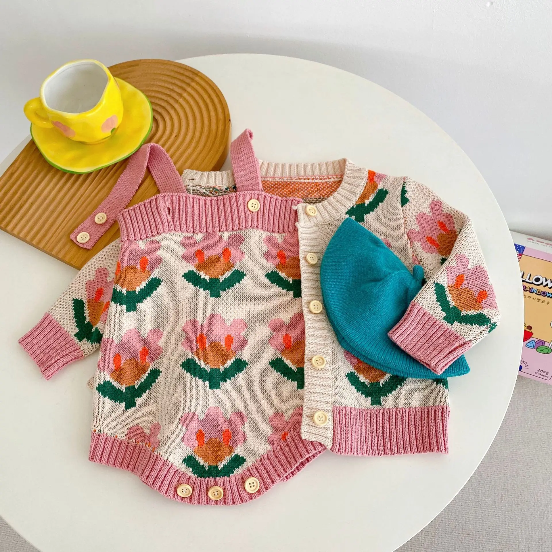 

Autumn New Children Knitted Cardigan Flower Sweater Coat Girl Baby Fashion Long Sleeve Tops Boy Toddler Cotton Suspenders Romper