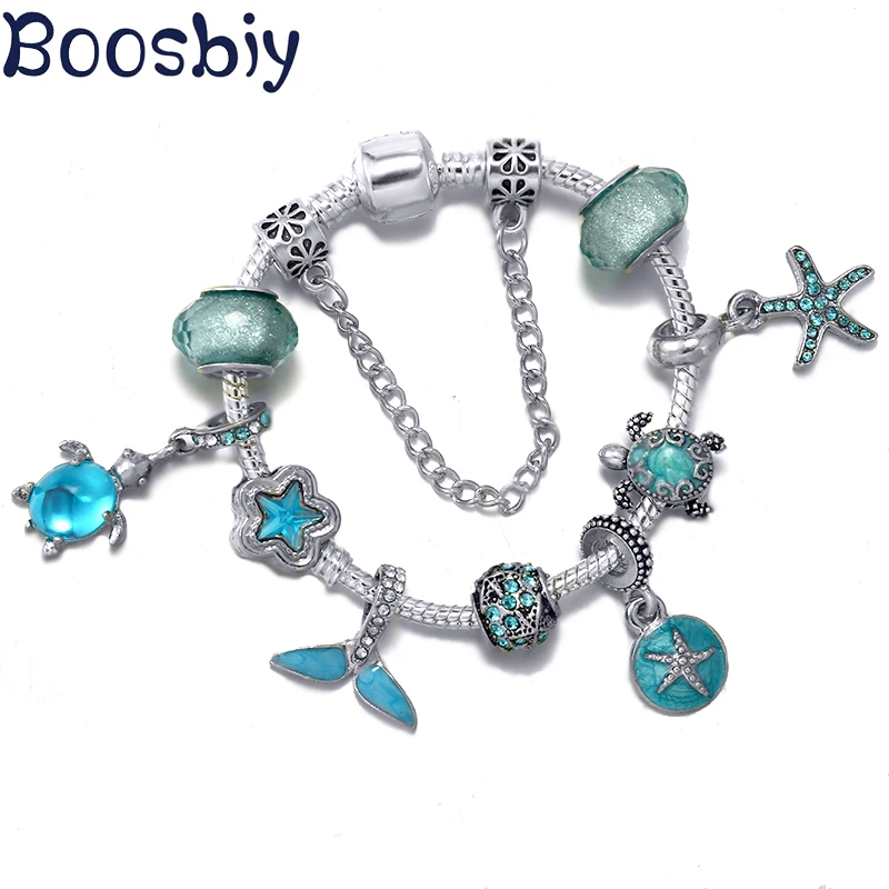 

Summer Blue Ocean Turtle & Starfish Charms Beads Bracelet With Pendants Fits Jewelry Bracelet For Women Fashion Brand Gifts