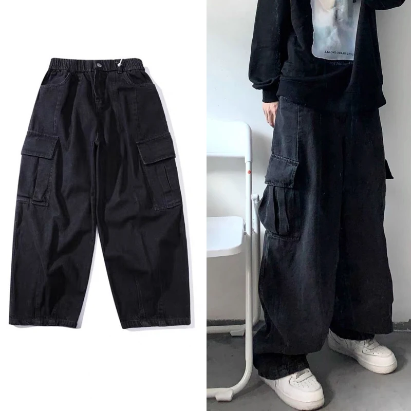 DEEPTOWN Baggy Cargo Jeans Men Loose Oversize Denim Pants Male Black Wide Leg Trousers Retro Casual Japanese Streetwear Hip Hop