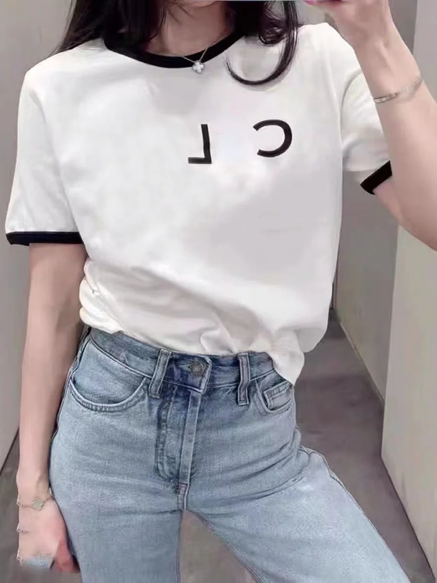 

Top Women New Summer White Alphabet Printed Short Sleeve T-shirt Blouse Fitting Solid Color Wholesale Daily Woman Clothing