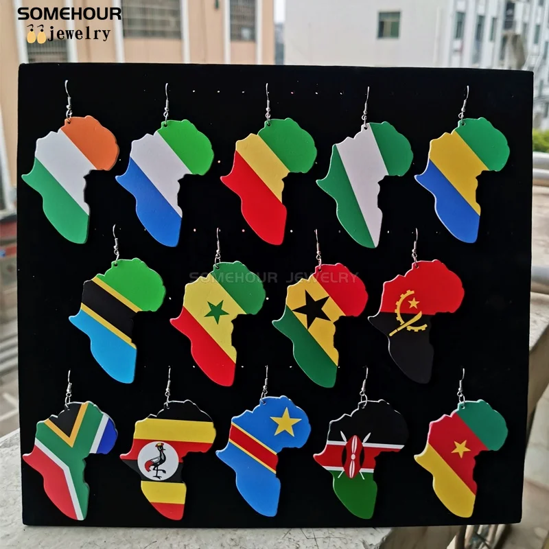 

SOMEHOUR United Africa Map Counrties Flag Print Wooden Drop Earrings Black Roots Afro Ethnic Motherland Dangle Jewelry For Women