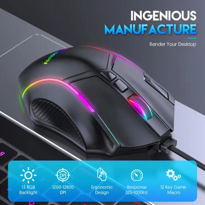 

Full Speed 12800DPI12 Key Macro Chicken Eating Game Mouse Universal Wired RGB Light And Shadow Mobile ABS Mouse