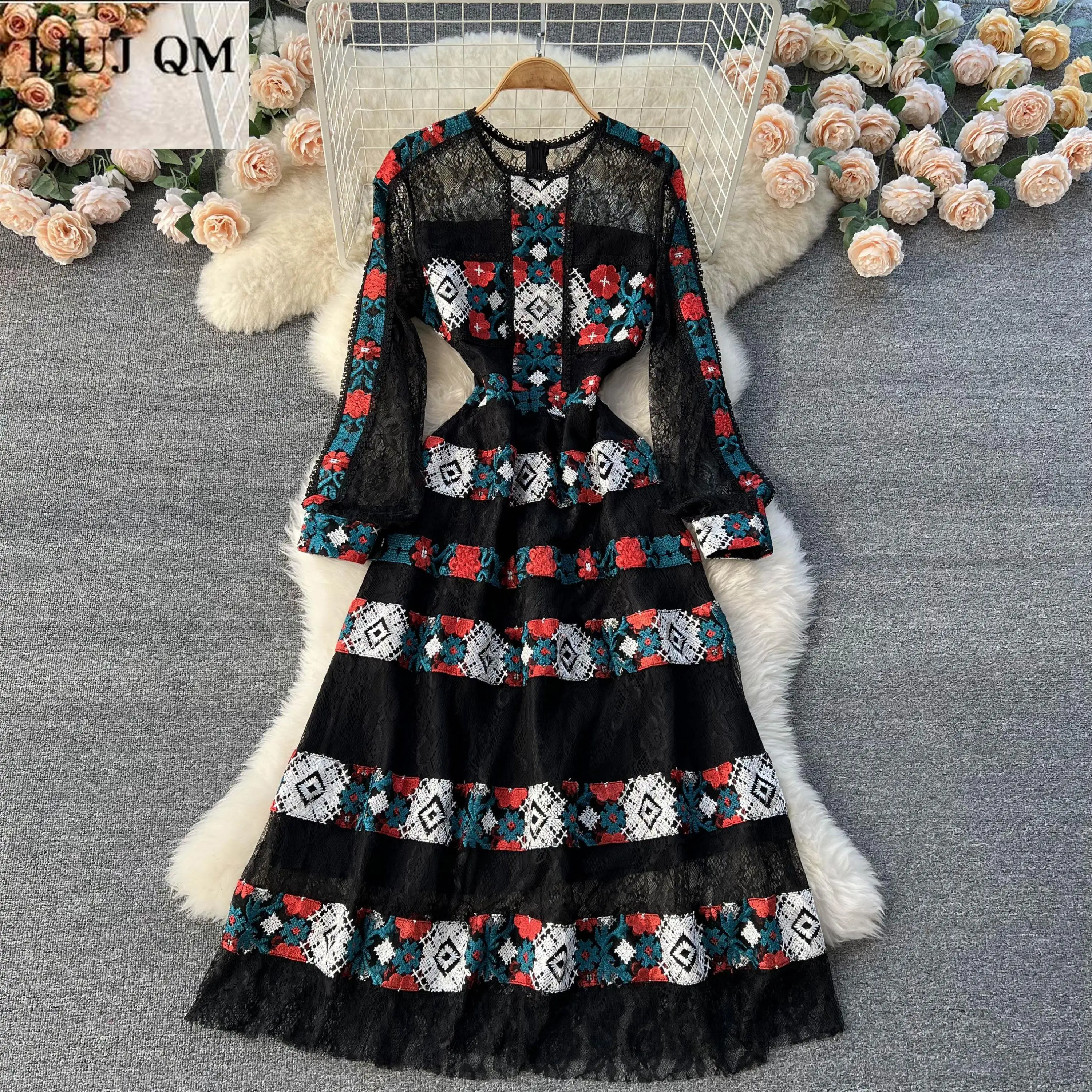 

Fashion Designer Dresses Spring Autumn Women Dress Vintage Embroidery Floral Black Lace Maxi Dress High Quality Runway Dress