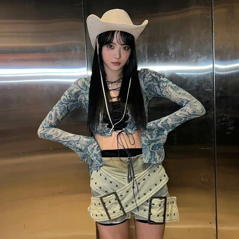 Джинсовая юбка в стиле K-POP для группы девушек с перекрестными ремнями