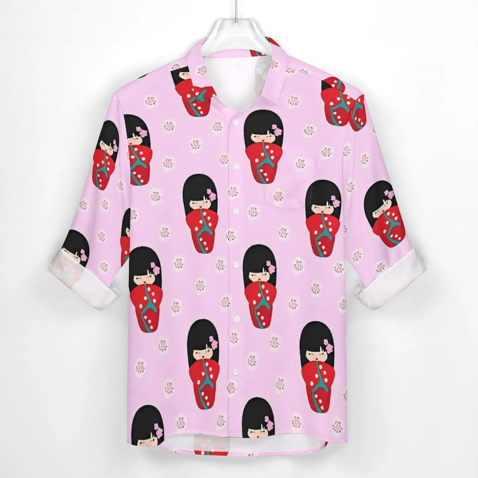 Japanese Dolls Street Casual Shirt Man Red Kokeshi Spring Vintage Blouses Long Sleeve Printed Oversized Clothing